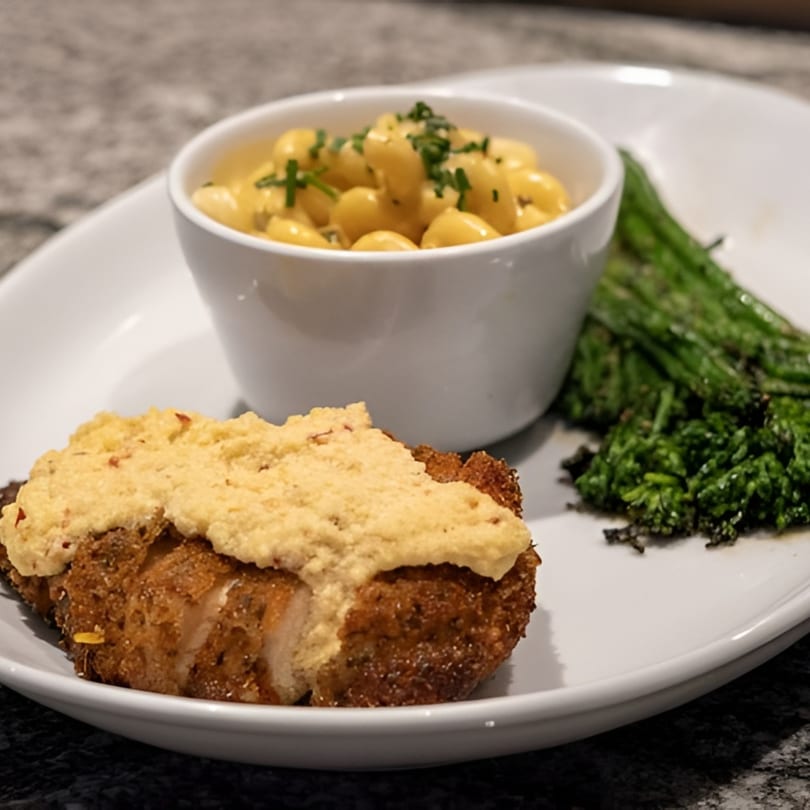 Crispy chicken with a creamy topping, mac and cheese, and roasted broccolini on a white plate.